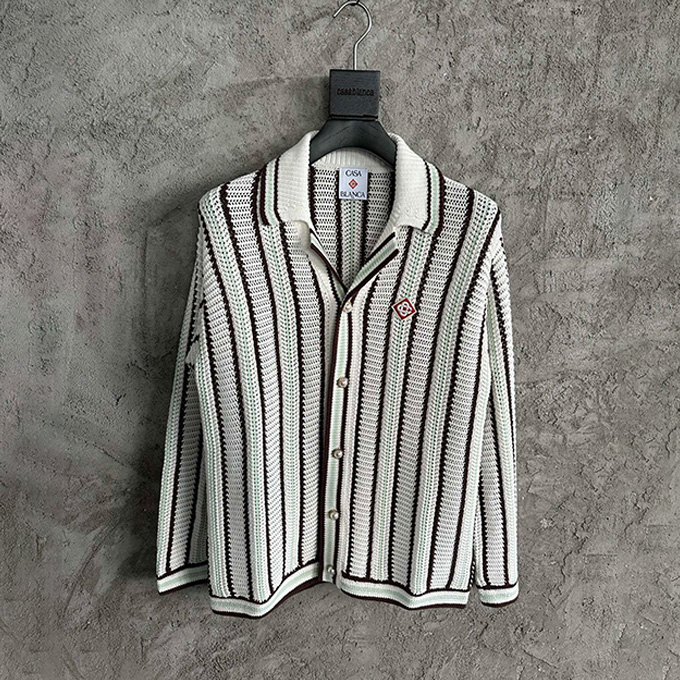 casablanca vertical stripe crochet knit polo cardigan